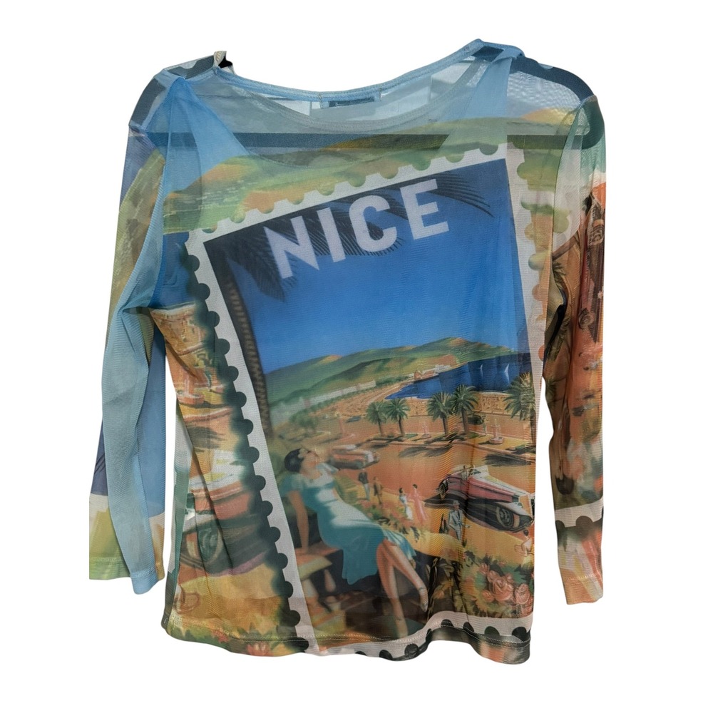 Y2k 90s Mesh Long Sleeve Euro Graphic top John Paul Gaultier Style Cyber Chic